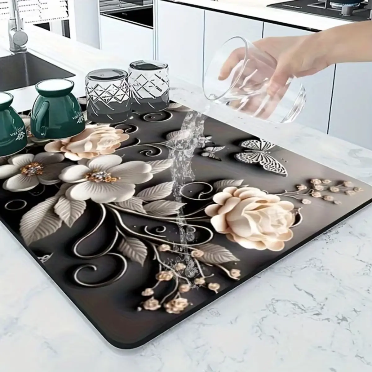 1pc Coffee Machine Water Absorbent Mat, Kitchen Countertop Drainage Mat - Diatomite Quick Drying Non-Slip Placemat for Coffee Bar, Floral Pattern Kitchen Mat - Perfect for Easter, Birthday, Mother's Day, Halloween, and Christmas Gifts