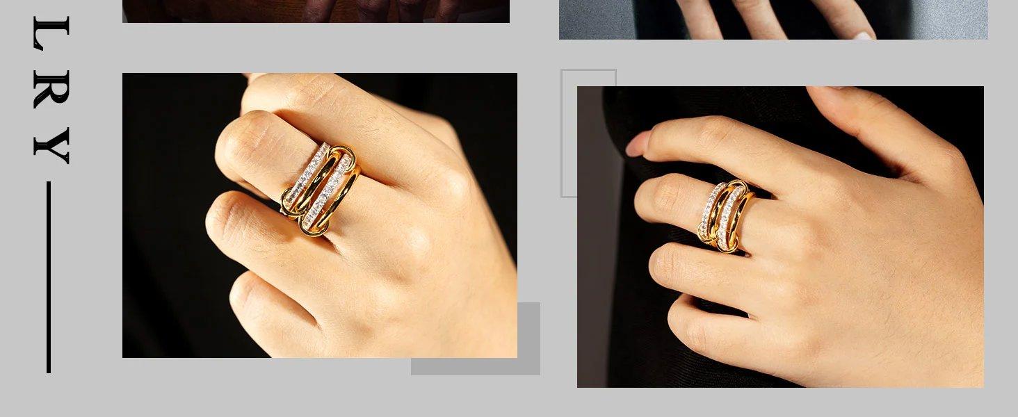 Gold Silver Stackable Rings for Women Non Tarnish 18K Gold Plated Interlocking Ring Stack Set Mixed Metals Statement Rings Dainty Cubic Zirconia CZ Trendy Fashion Chunky Connected Band Thumb Ring Size 4 5 6 7 8 9 10 11 Gold Silver Jewelry Gift for Wom