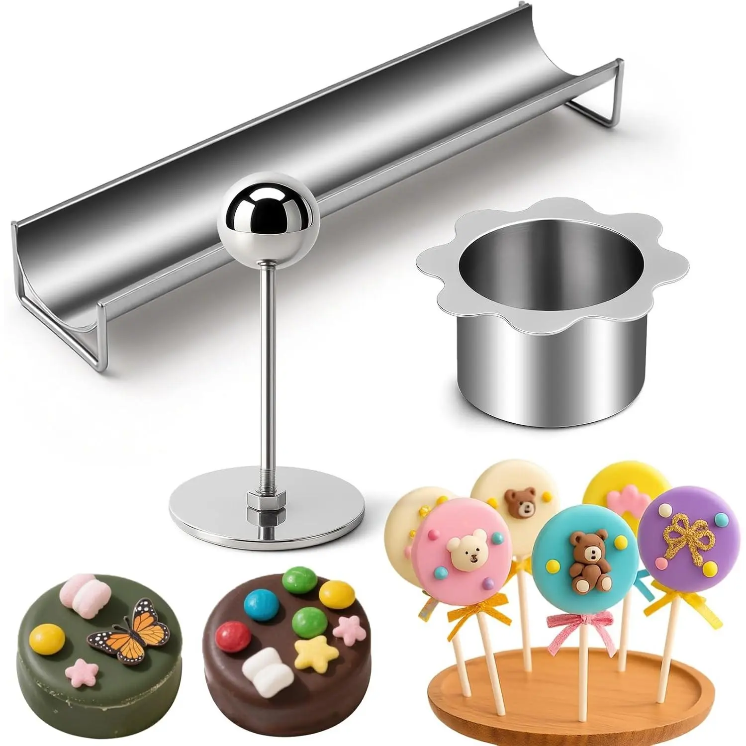 Cake Pop Mold Kit,Stainless Steel Circle Cake Pop Mold with 9 Inch Tray, Baking Cakepop Cutter Molds Shapes Set for Home Baking, Birthday Parties