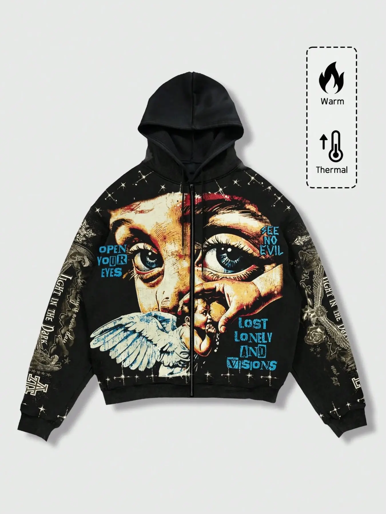 Men's Y2K Gothic Style Zipper Sweatshirt, Loose Short Sleeve Jacket, Vintage Angel Print, 'open Your Eyes' Slogan, Casual Hip Hop Hoodie