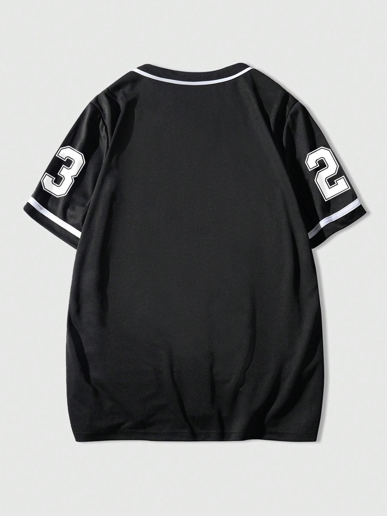 Women's Number Print Baseball Jersey, Casual Fashion Loose Letter Print Short Sleeve Button Design Blouse for Daily Wear, Ladies Clothes for All Seasons