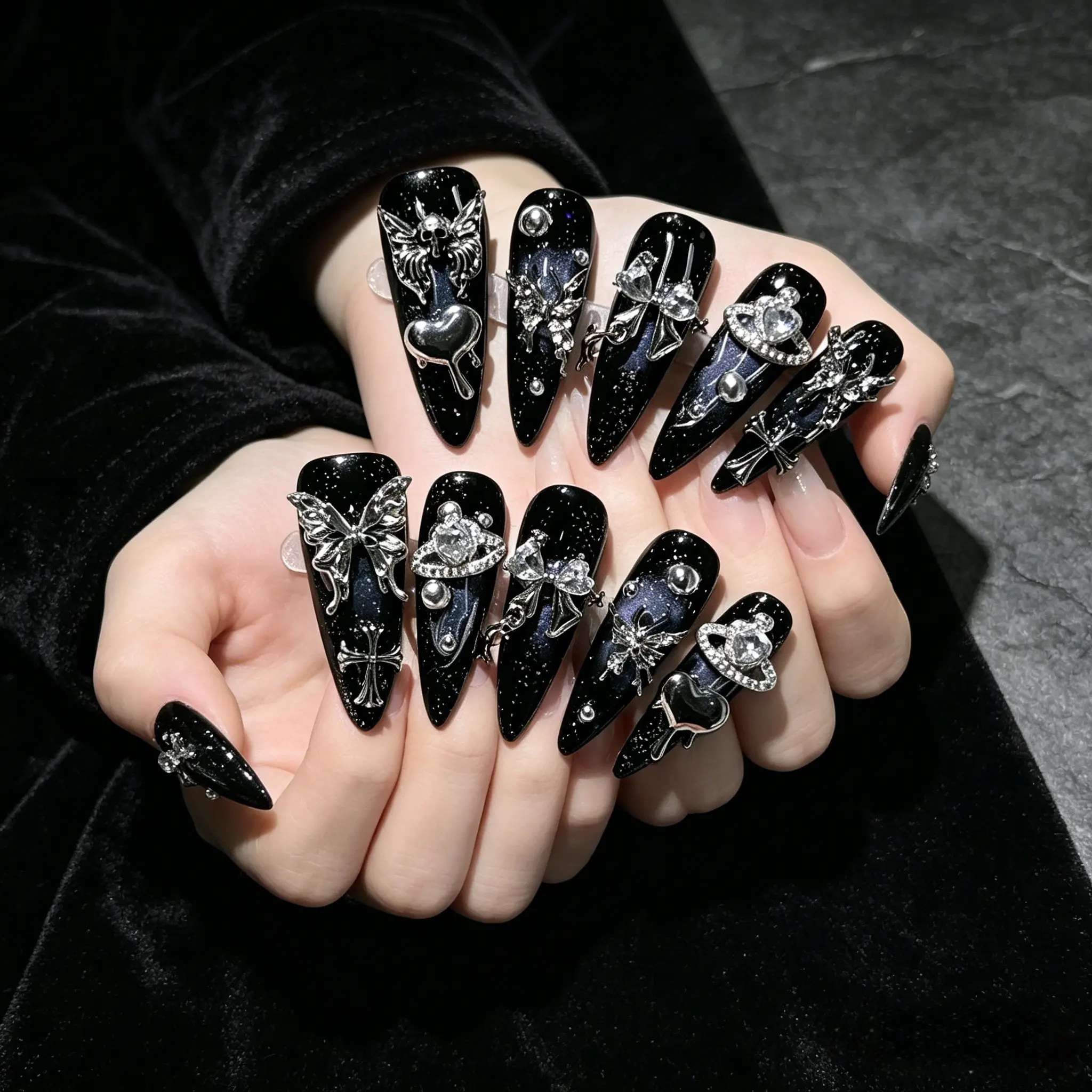 10Pcs Y2K Goth Punk Press On Nails TRUTH AMOR Long Almond Fake Nails Black Glitter Base With Metal Butterfly Heart Rhinestones Reusable For Daily Street‑Wear Festival Party Friend Gift