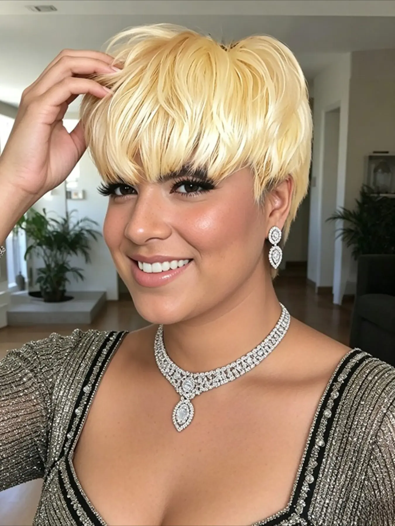 Short Water Wavy Wig Human Hair 613 Blonde Color Mullet Design with Bangs Layered Wavy Pixie Cut Machine Made for Women