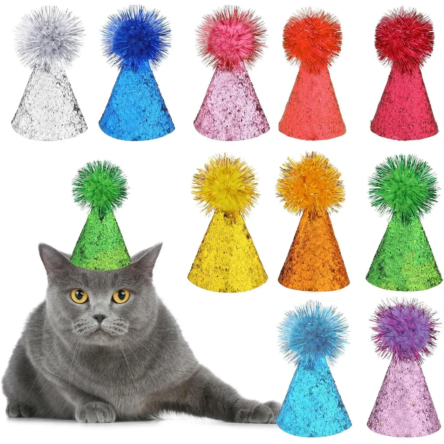 10 PCS Multicolor Glitter Mini Birthday Party Hats Adjustable Headband for Cats Dogs Stuffed Animals Cute Pet Grooming Supplies for Birthday Party