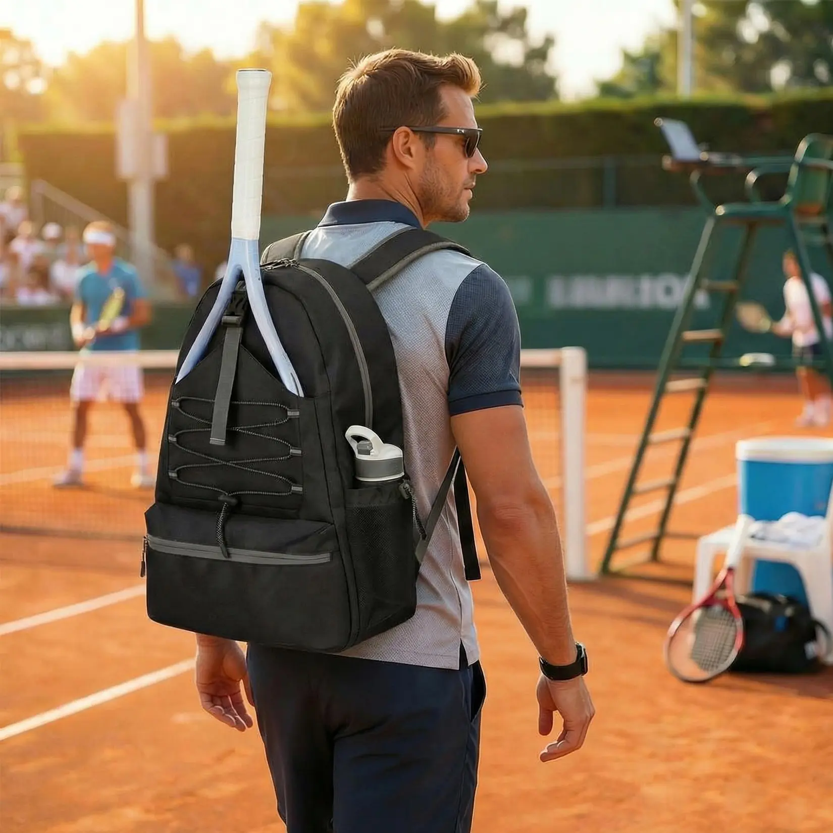 Water-Resistant Tennis Backpack, Holds 2 Rackets - Ventilated Shoe Compartment, Fence Hook, Multiple Pockets - For Tennis/Pickleball/Badminton/Volleyball - Beige, 52 x 40 x 23 cm