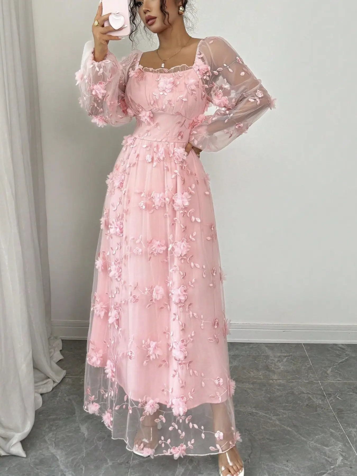 Light Mesh Floral Dress, Fairy Style Square Neck Long Sleeve Maxi Dress, Romantic Evening Tea Party Dress, Elegant Women's Clothing