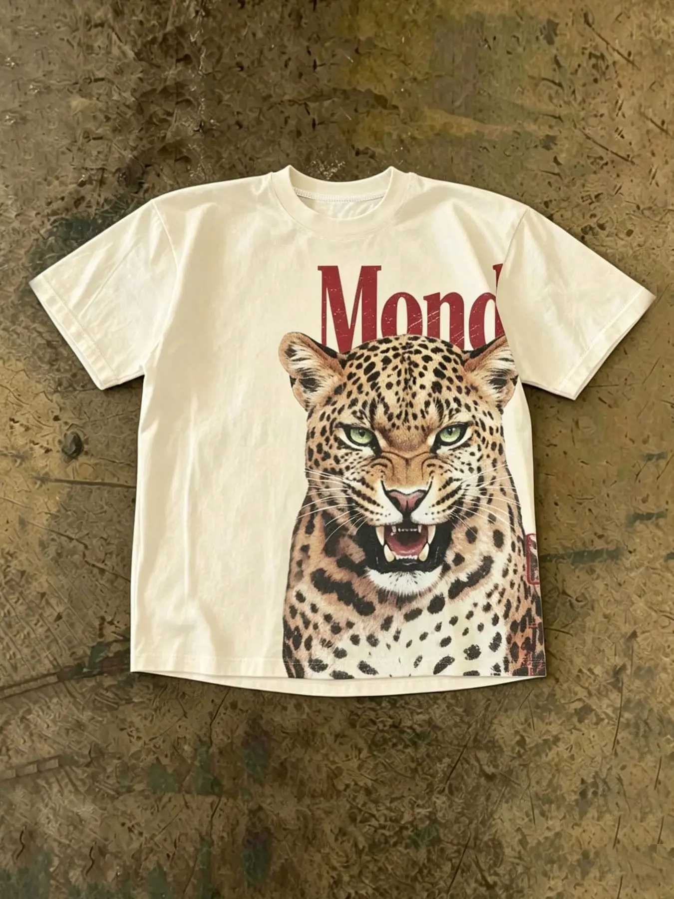 Wild Leopard Retro Letter Animal Print Men's Short Sleeve T-Shirt Tops, Loose-Fitting Round Neck, Streetwear, Classic, Casual Style, Unlined, Raised-Fiber Surface, Menswear