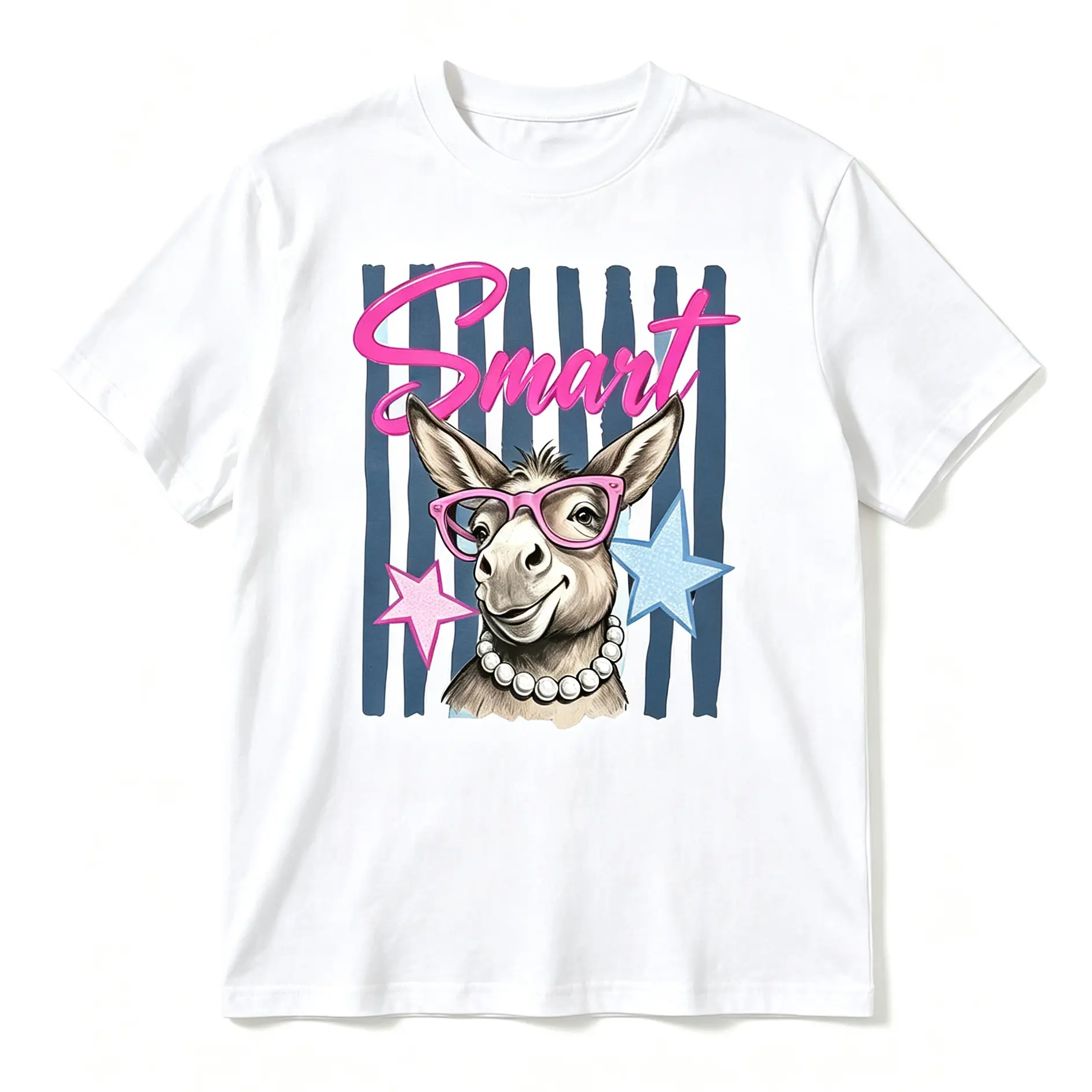 Smart Donkey Striped Summer Tee – Funny Farm Animal Graphic Shirt, Retro Coastal Casual Top – Great Gift for Kids and Trendy Girls short sleeve unisex graphic t-shirt humorous shirt cotton graphic tee high-quality cotton casual top unisex wide-shoulder