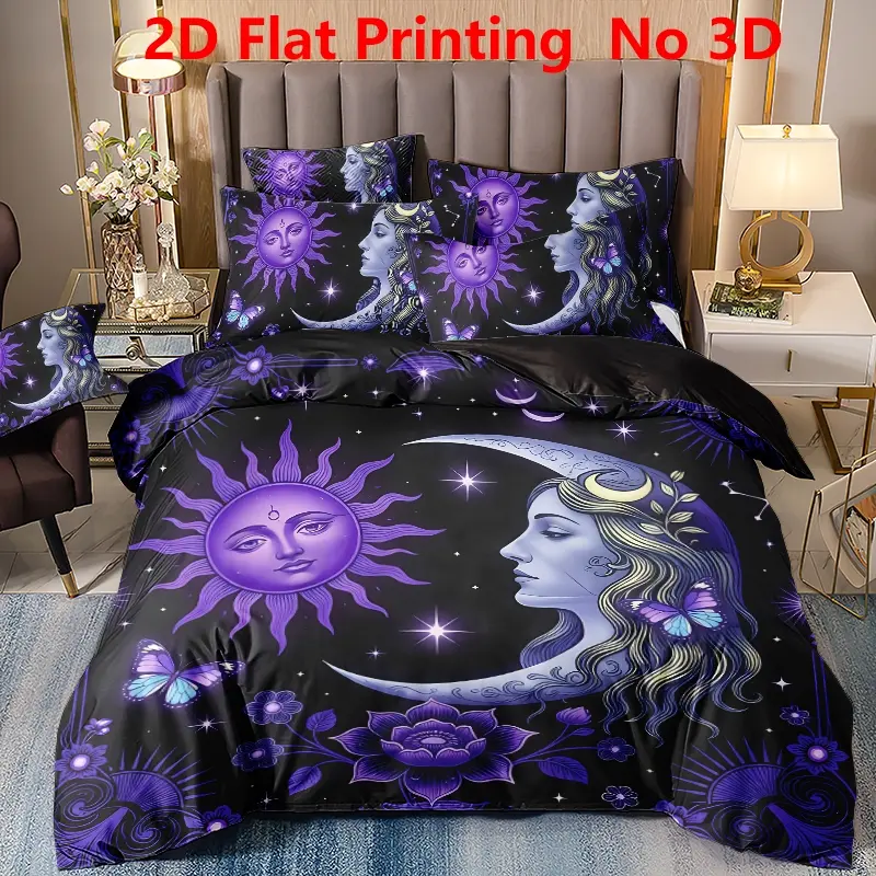 3pcs set 1 duvet cover + 2 pillowcases without core ultra soft breathable skin friendly durable wrinkle resistant fade proof easy care sun moon butterfly celestial print bedding set bed linen home textile bedroom decor dorm essential family gift