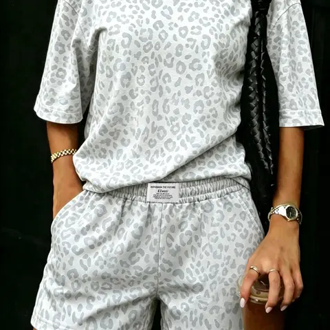 Women's 2-Piece Casual Leopard Print Loose Fit Short Sleeve T-Shirt and Elastic Waist Shorts Set for All Seasons Clothing Sets