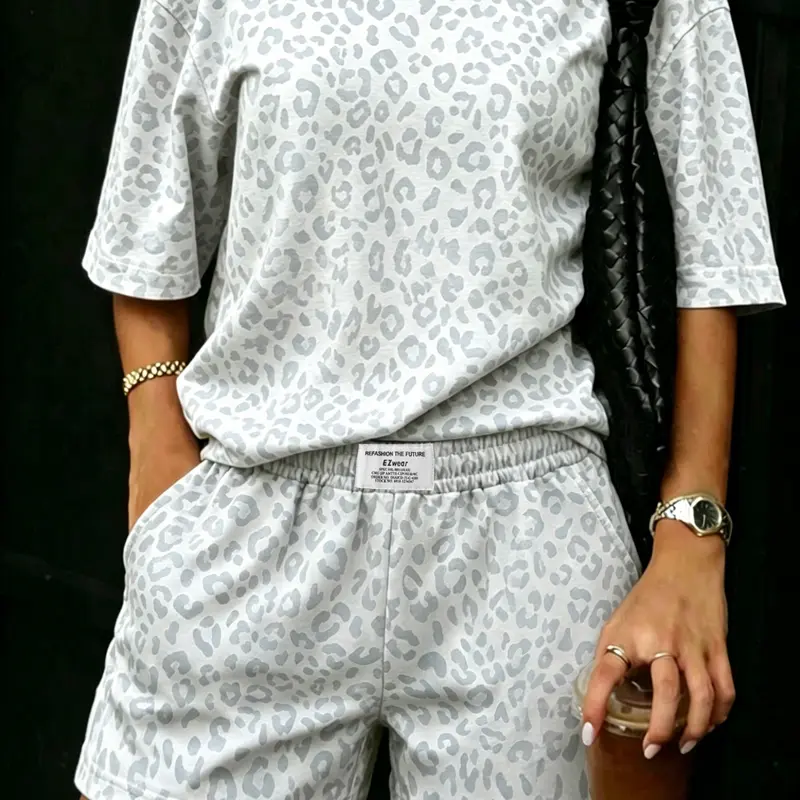 Women's 2-Piece Casual Leopard Print Loose Fit Short Sleeve T-Shirt and Elastic Waist Shorts Set for All Seasons Clothing Sets