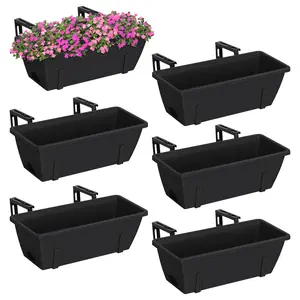 6-Pack Reusable Plastic Multi-Plant Window Box Planters, Hanging Rectangular Indoor-Outdoor Flower Pots with Adjustable Railing Brackets, Self-Watering Trays & Integrated Drainage Holes for Hanging Flowers Decor, Vegetables, Succulents