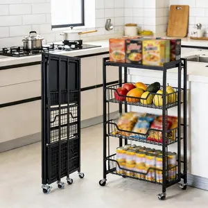 Utility Slim Storage Cart with Wheels, 4 Tier Small Rolling Cart with Wood Top, Metal Kitchen Bathroom Laundry Room Organization Trolley with Handle for Narrow Space