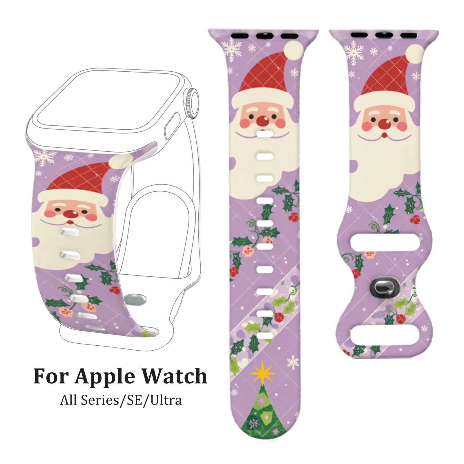 Purple Santa Christmas Tree Print Silicone Strap, Waterproof Sweatproof Soft Fit, For Apple Watch Series 4/5/6/7/8/9/10 SE1/2 Ultra1/2/3, Women Girls Kids Teens, Christmas Party School Travel, Christmas Gift.