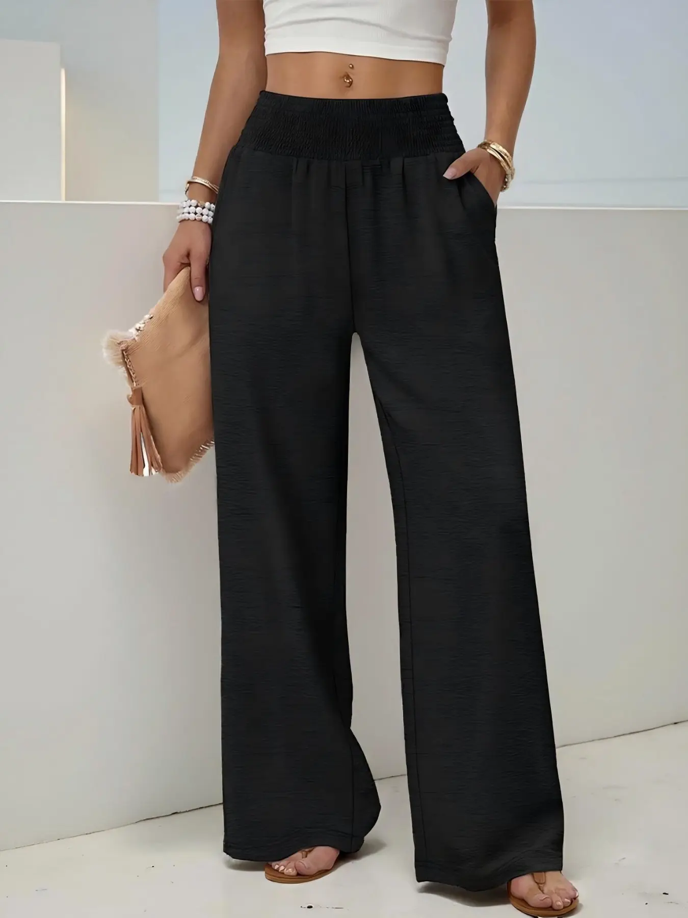 High Waist Smocked Wide Leg Pants, Elastic Waistband, Loose Fit, Baggy, Everyday All Season Wear, Pet Friendly Fabric, Casual Women Trousers