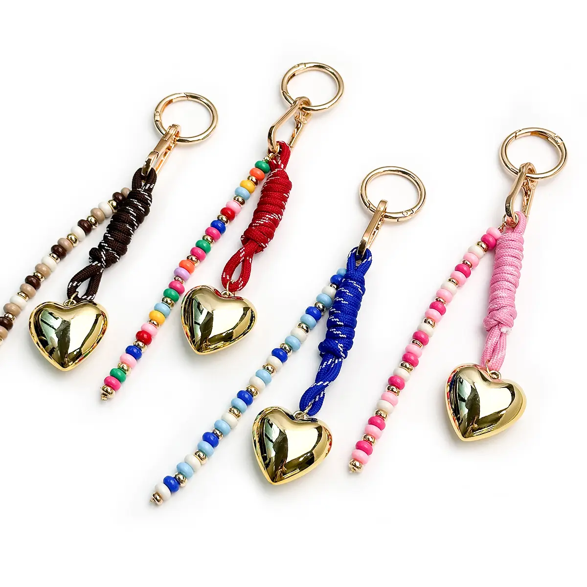 Chunky Gold Heart Bag Charm Beaded Cord Keychain Y2K Metallic Puffy Pendant for Daily Handbag Decoration