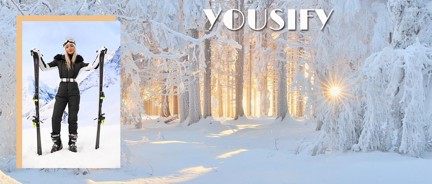 Yousify Womens Snow Suits Winter Ski Suit Onesie Outdoor Sports Waterproof Snowsuit Removable Faux Fur Collar Coat Jumpsuit