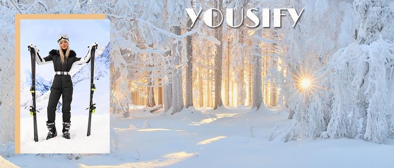 Yousify Womens Snow Suits Winter Ski Suit Onesie Outdoor Sports Waterproof Snowsuit Removable Faux Fur Collar Coat Jumpsuit