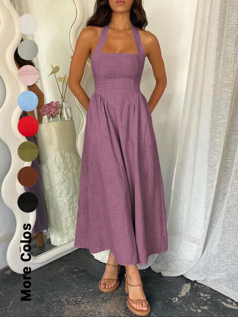 Women's Plain Pocket Zipper Back Dress, Casual Sleeveless Halter Neck A Line Dress for Summer, Ladies Clothes for Beach Holiday, Brunch Dresses