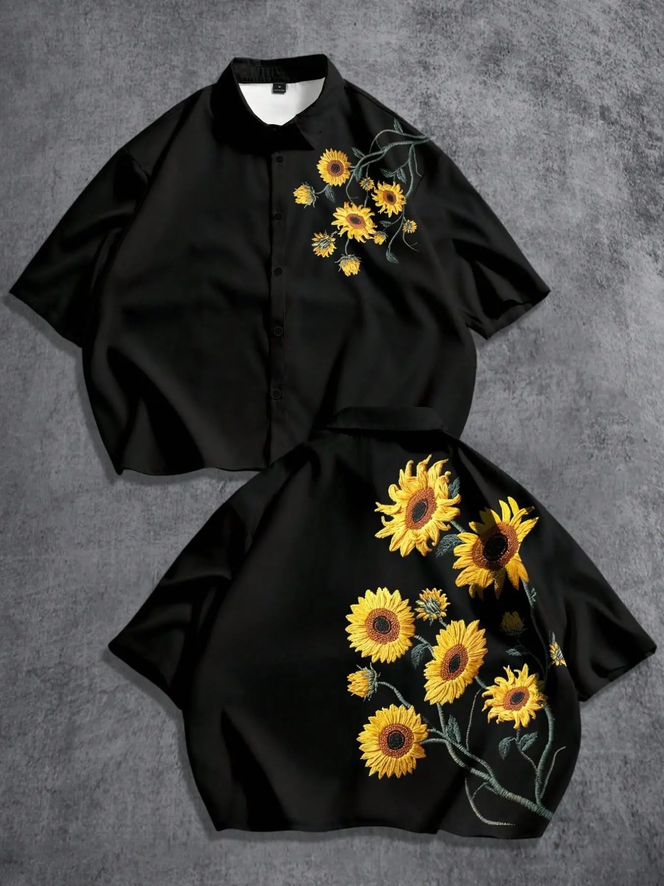 Men’s Black Turn Down Collar Short Sleeve Button Front Shirt, Front And Back Asymmetric Sunflower Embroidery Pattern, Relaxed Loose Fit Vintage Casual Blouse, Suitable For Daily Street Matching Holiday Travel Outfits