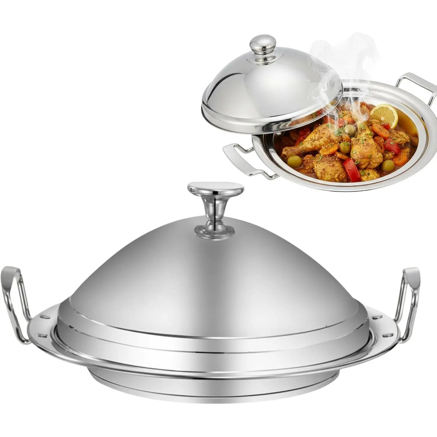 11" Large Stainless Steel Moroccan Tagine Pot, Casserole Cooking Pot with Cone-Shaped Lid & 2 Handles