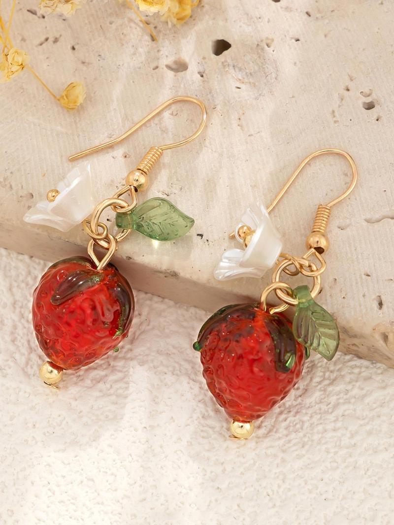 Cute Strawberry Design Dangle Earrings for Women & Girls, Fashion Floral Drop Earrings, Cute Summer Jewelry Accessories, Fruit Veggie Earrings