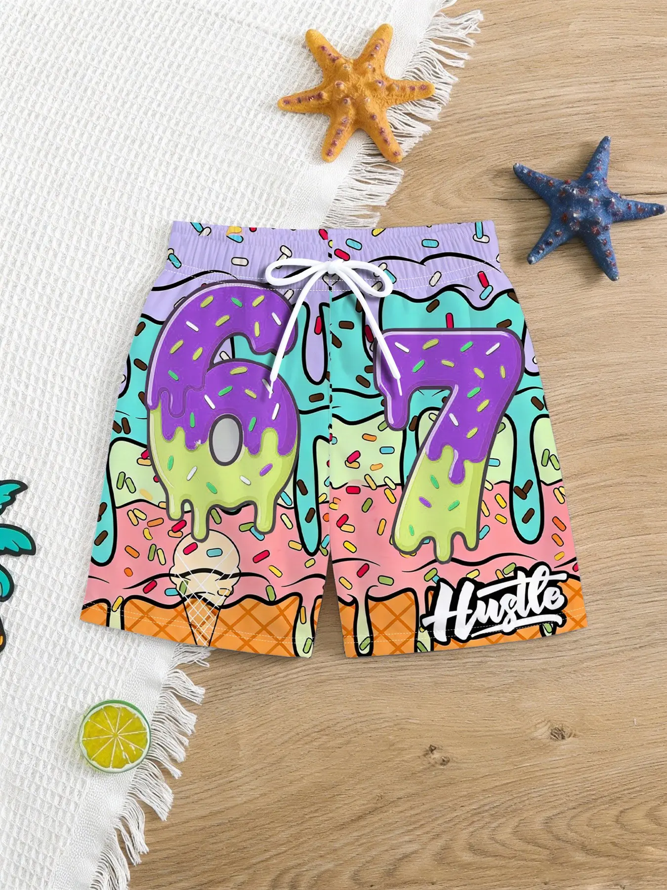 Boys' Ice Cream Cone Beach Shorts, Colorblock All-Over Print, Quick-Dry Sun Protection Swimsuit, Casual Summer Swimwear for Kids