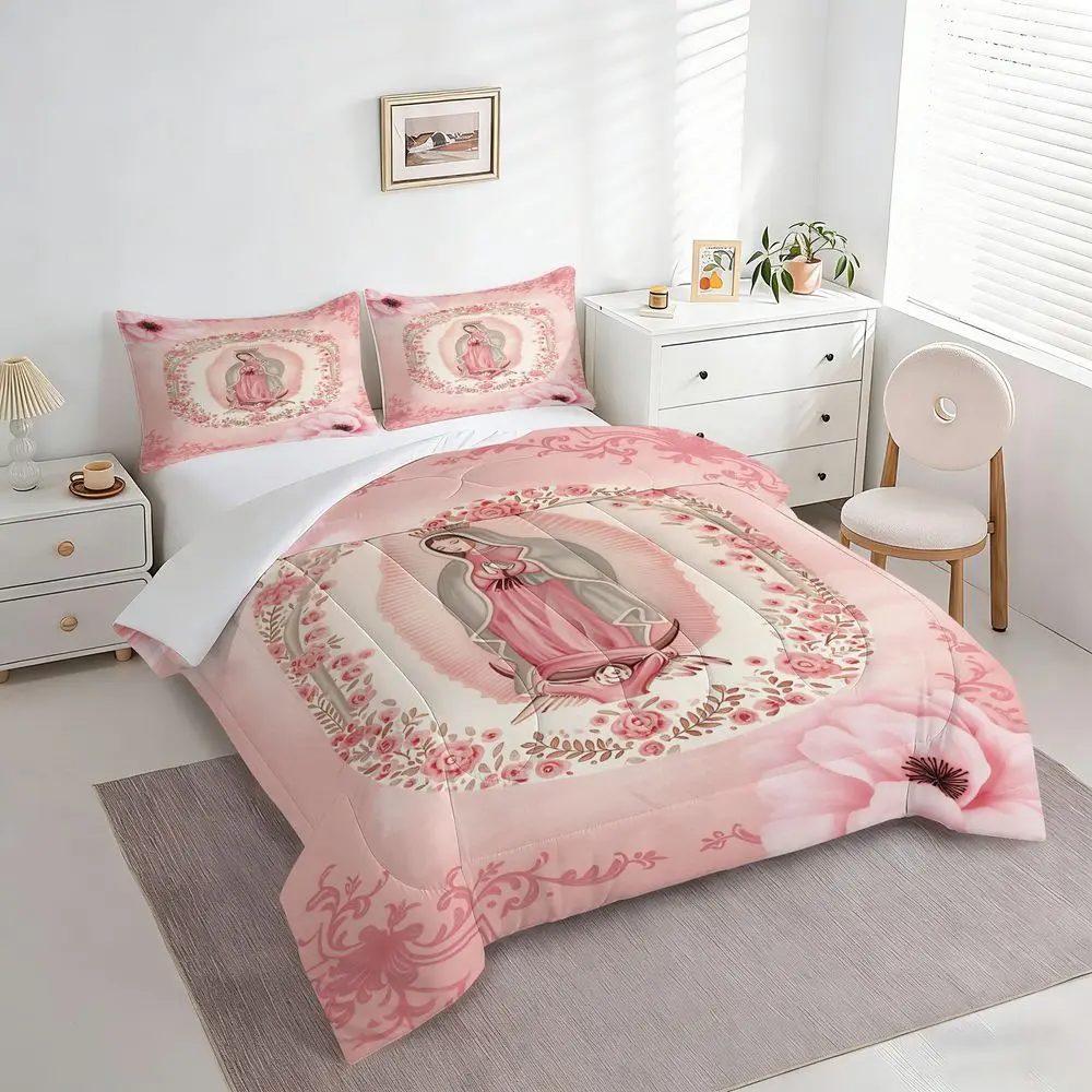 2/3Pcs Religious Virgin Mary Comforter Set, Pink Floral Quilt Bedding Set, Aesthetic Catholic Bedroom Decor, Soft Bedspread with Pillowcase for Women Girls Teens Room No Pillow Core