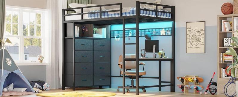 Sikaic Twin Size LED Loft Bed Frame with Desk and 8 Drawers Grey Safety Guardrail Effective Space Saving