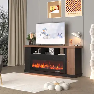 Traditional 70" Country TV Stand with 50" Fireplace, TV Stand with Fireplace for Bedroom and Living Room, Media Entertainment Center Console for TVs up to 80" with Open Storage Shelves and Cabinets, Oak Color