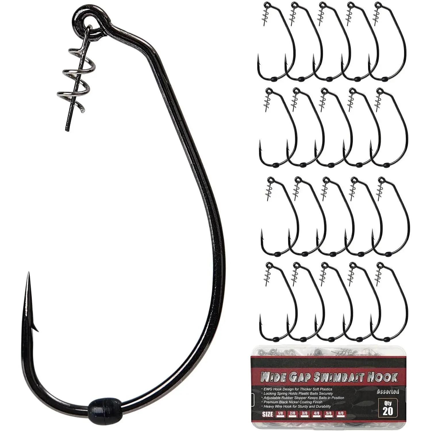 EWG Swimbait Hooks with Screw Lock, 20 count Bass Hooks 1/0-6/0 | Wide Gap Weedless Hooks for Bass Fishing,  Stopper Beads for DIY Riggings,  Soft Plastic Worm Hooks