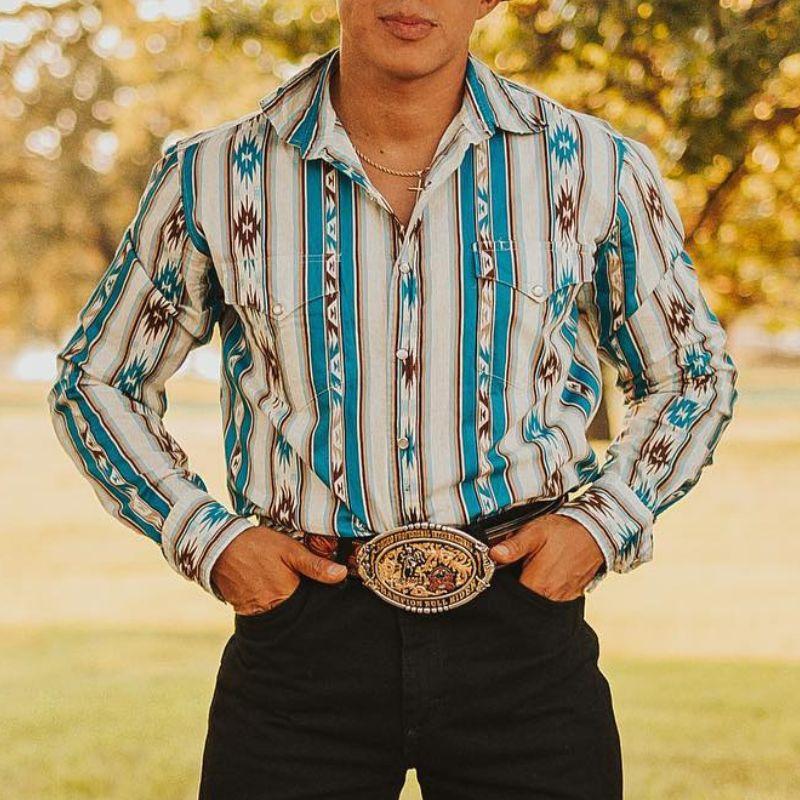Men's Western Cowboy Style Retro Print Loose Long Sleeve Shirt Striped Casual Button Autumn Top Suitable for Streetwear Menswear233