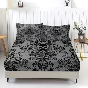 Black Skull Fitted Sheet Set Gothic Boho Floral Microfiber Bed Sheet Set 3 Pieces - Deep Pocket 12 Inch, Antique Bohemian Sheets for Bedroom Decor,Halloween