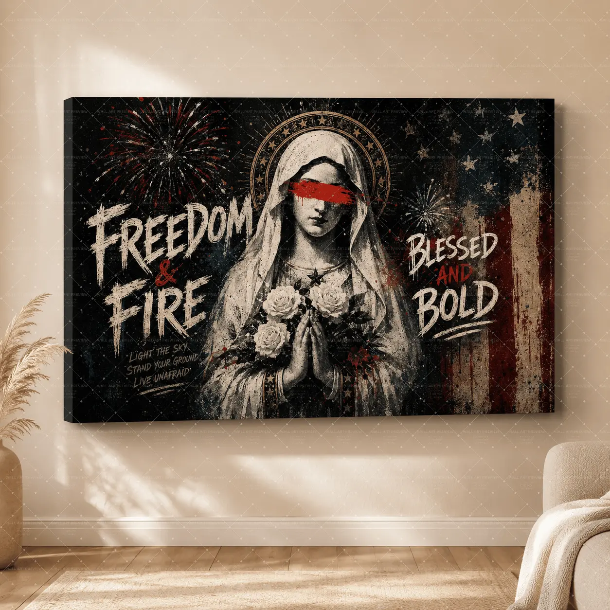 Freedom & Fire" Patriotic Saint Canvas Wall Art, Grunge Graffiti & American Flag Print, Modern Aesthetic Living Room Bedroom Office Decor, Statement Poster Gift,wall decor,poster.