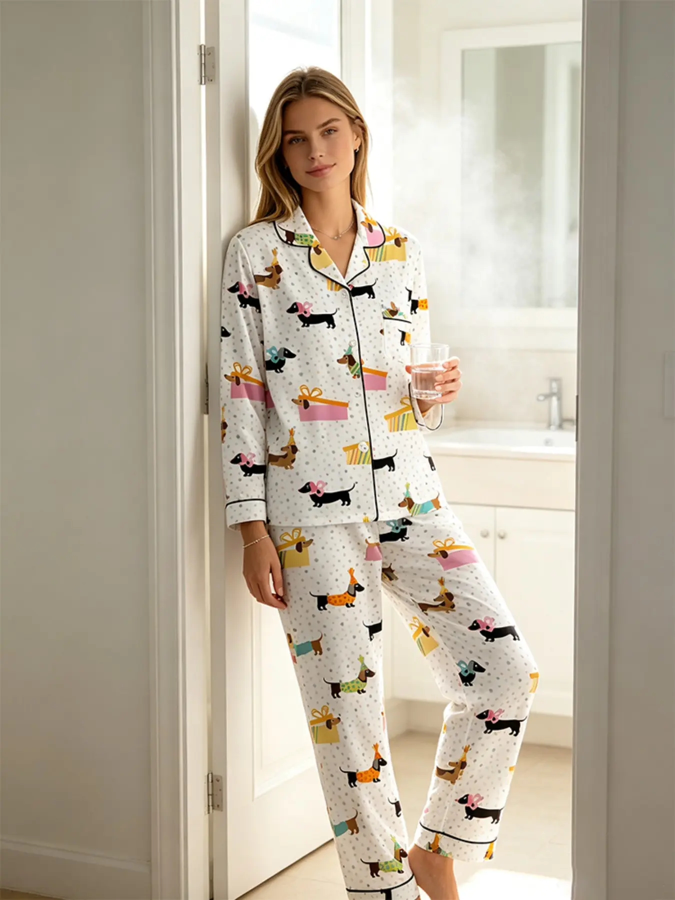 Women's Pajamas Set Cute Dachshund Cartoon Allover Print Gift Box Polka Dot Long Sleeve Button Down Chest Pocket 2 Piece Ultra Soft Smooth Breathable Sleepwear Relaxed Fit Cozy Loungewear Lightweight Nightwear Home Lounge Wear