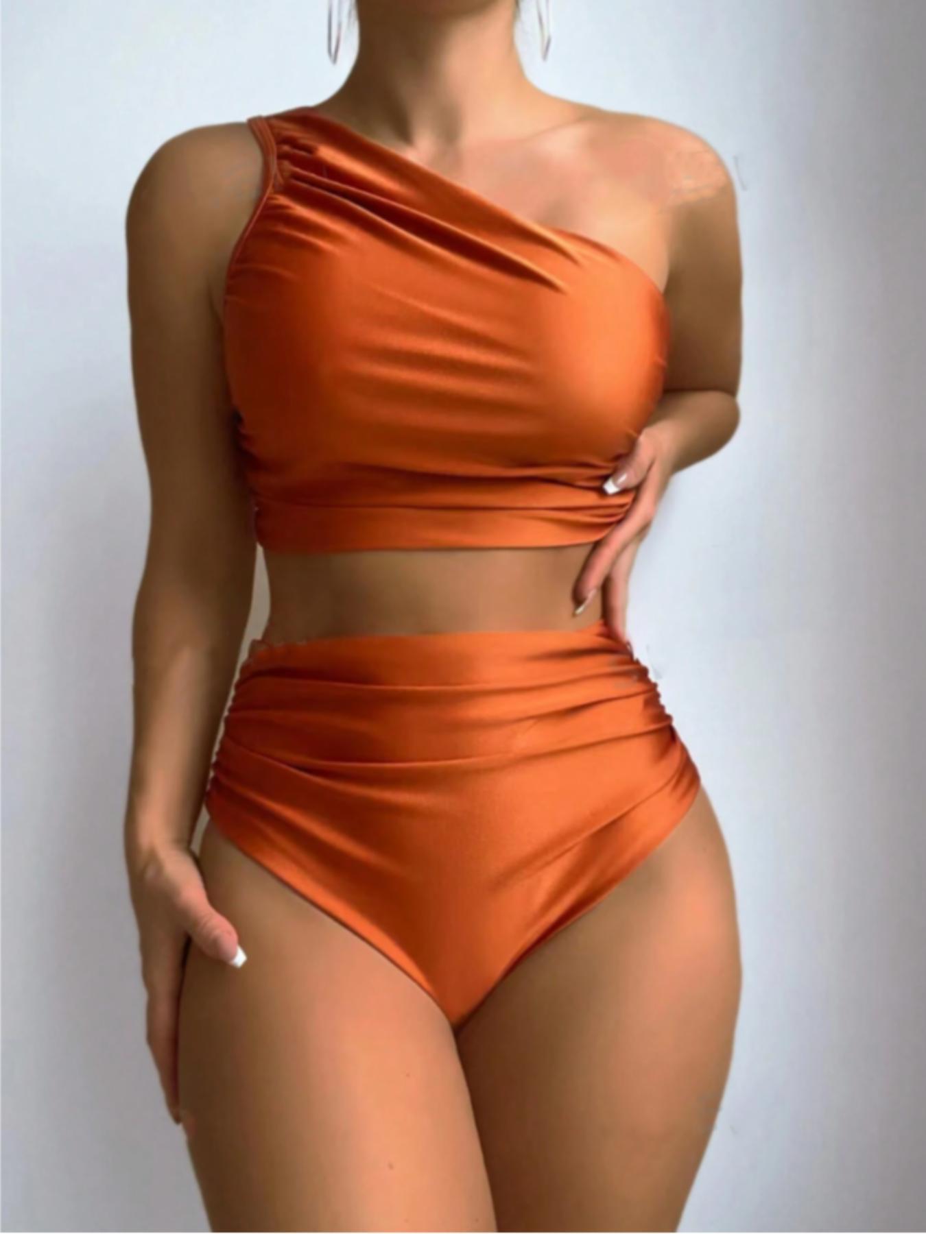 Ladies' pure-colored asymmetric-neck sleeveless pleated slim-fitting split swimsuit, Solid Ruched Swim Suits, with a shiny fabric that shines like stars, 2026 new, suitable for vacation, hot spring tourism, and gatherings, high-waisted