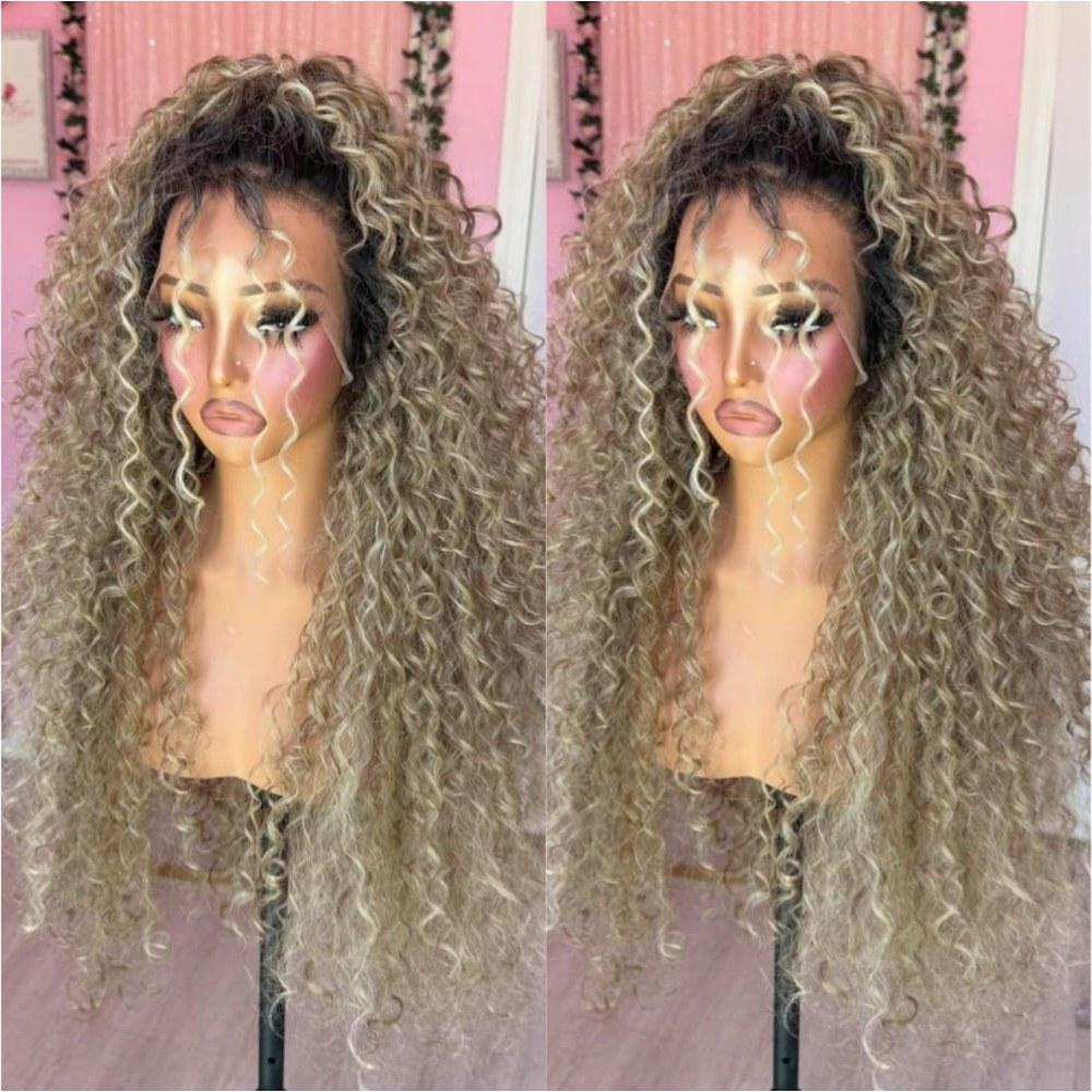 Kinky Curly Lace Front Wig Ombre Brown Roots Ash Blonde  display picture 3