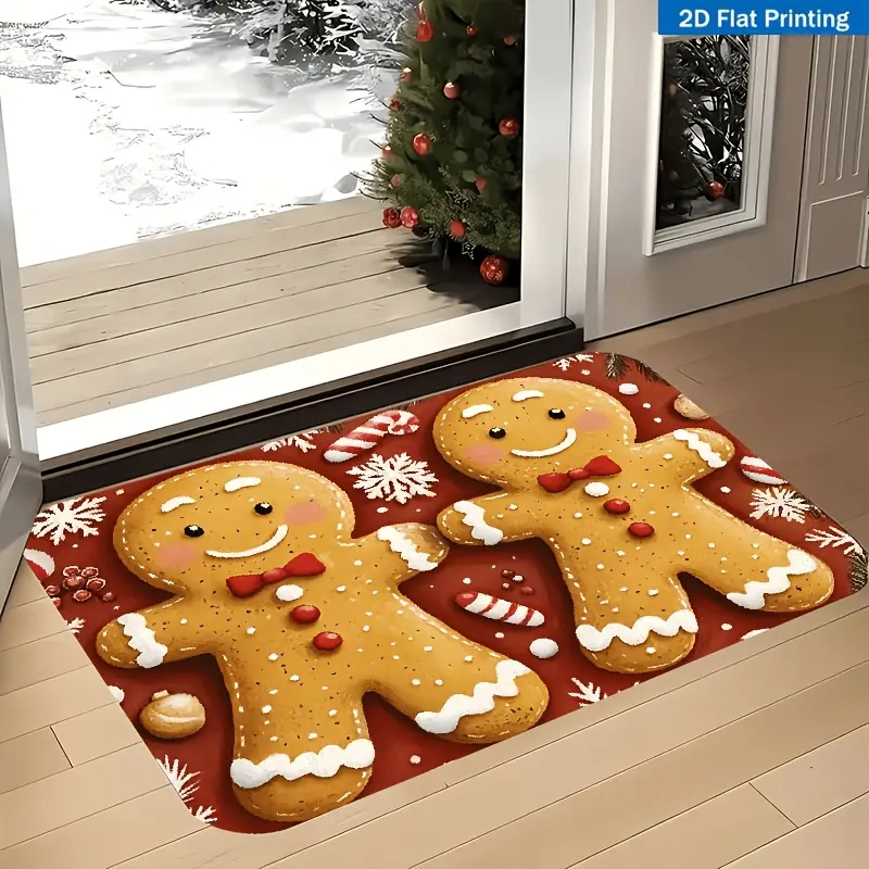 Flannel Floor Mat Flannel Floor Mat 1pc HD 2D Flat Printed Floor Mat, red background with gingerbread man, red and white candy cane, berry, and snowflake prints - suitable for front doors, back doors, bathrooms, kitchens, balconies, entrances, farmhouses,