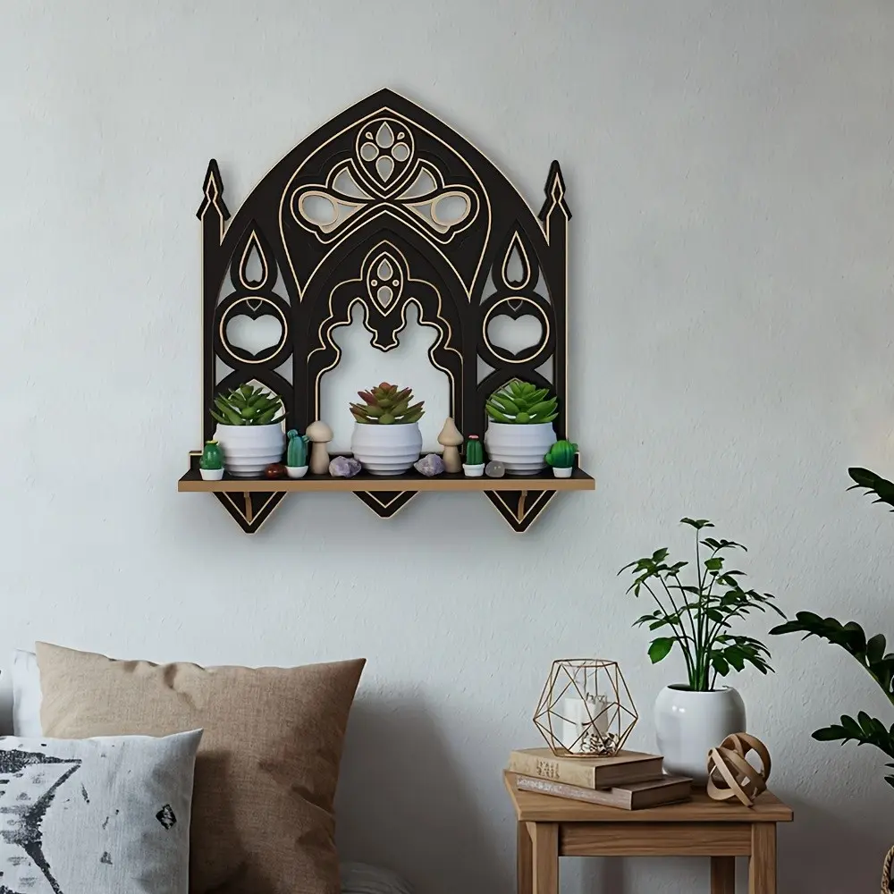 Gothic Arched Wooden Wall-Mounted Shelf, Vintage Church Style Decorative Floating Display Rack, Antique Wall Storage Holder for Crystal Statues