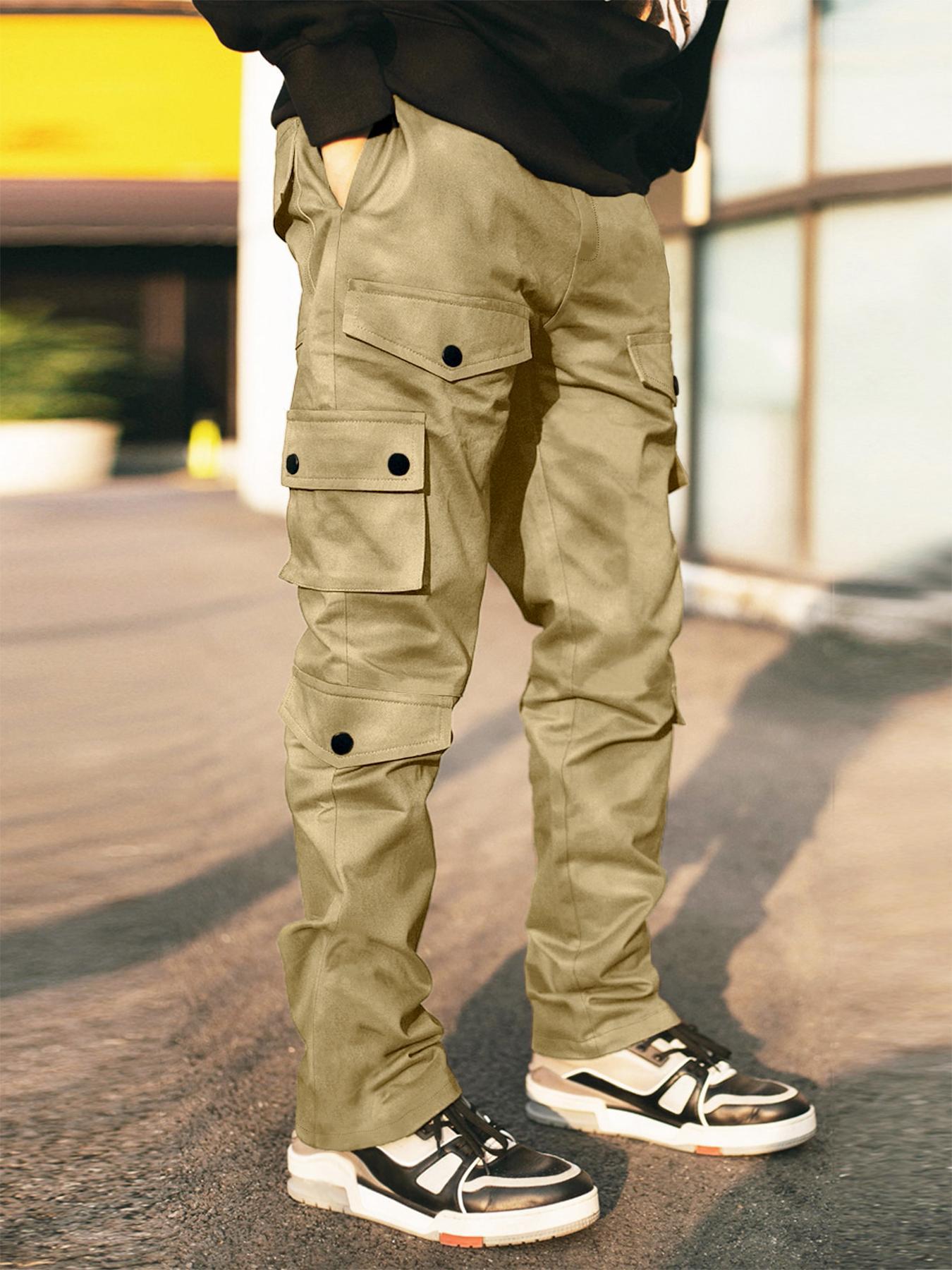 Men's Plain Pocket Drawstring Waist Cargo Pants, Casual Slant Pocket, Sporty Street Trousers, Men Cargo Pants, Men's Bottoms for Daily Wear, Winter Wear
