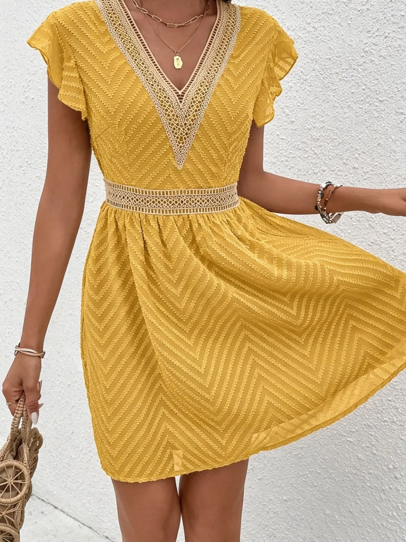 Women's High-Waisted Slimming Elegant Vneck Flutter Sleeve Dress, Lace Patchwork, Waist Cinch Hollow Out Hem, Loose Fit A-Line Short Dress for Casual Travel