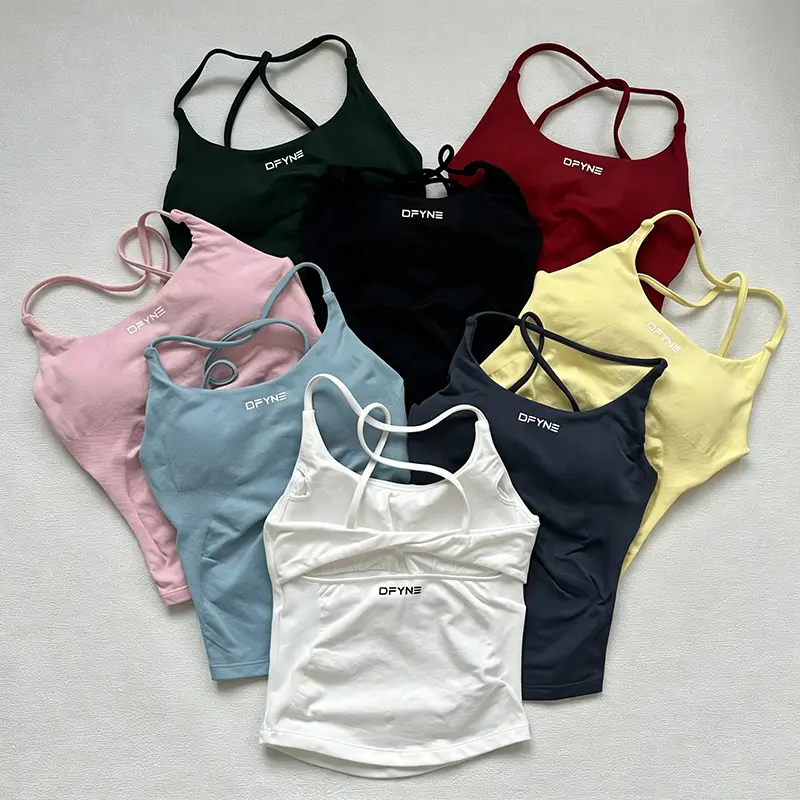 DFYNE Seamless Sports Crop Tank Top - Backless Cross Straps Activewear, Built-in Bra Gym Fitness Top
