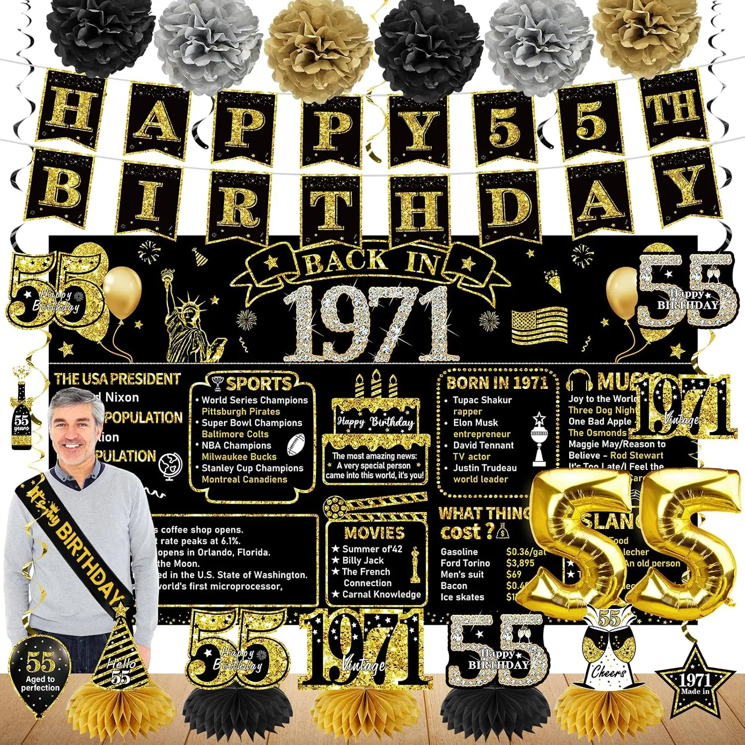 Zirtorei 55th Birthday Decorations for Men Women, 21pcs the Year 1971 Banner Balloon Party Supplies, Black Gold 55 Year Old Birthday Backdrop, 55 Bday Honeycomb Centerpiece Hanging Swirls Sash Gifts