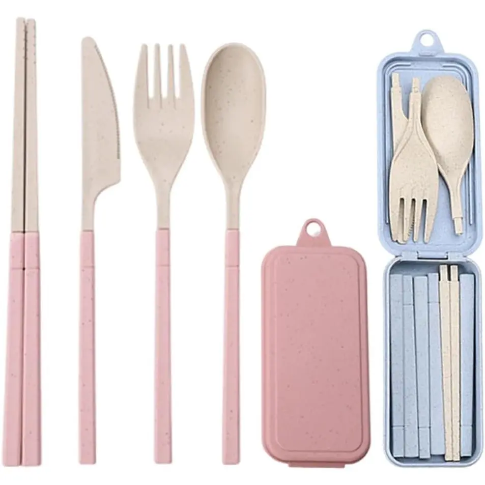 Collapsible  Utensils Set with Portable Case,Wheat Straw Utensils Include Spoon  Forks Chopsticks,Portable Cutlery for Travel Picnic Camping,2 Pieces