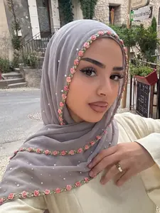 Women's Chiffon Rhinestone Embroidered Long Scarf, 70x170cm Summer Elegant Fashion Hijab, Daily Beach Vacation Sun Protection Lightweight Breathable Shawl