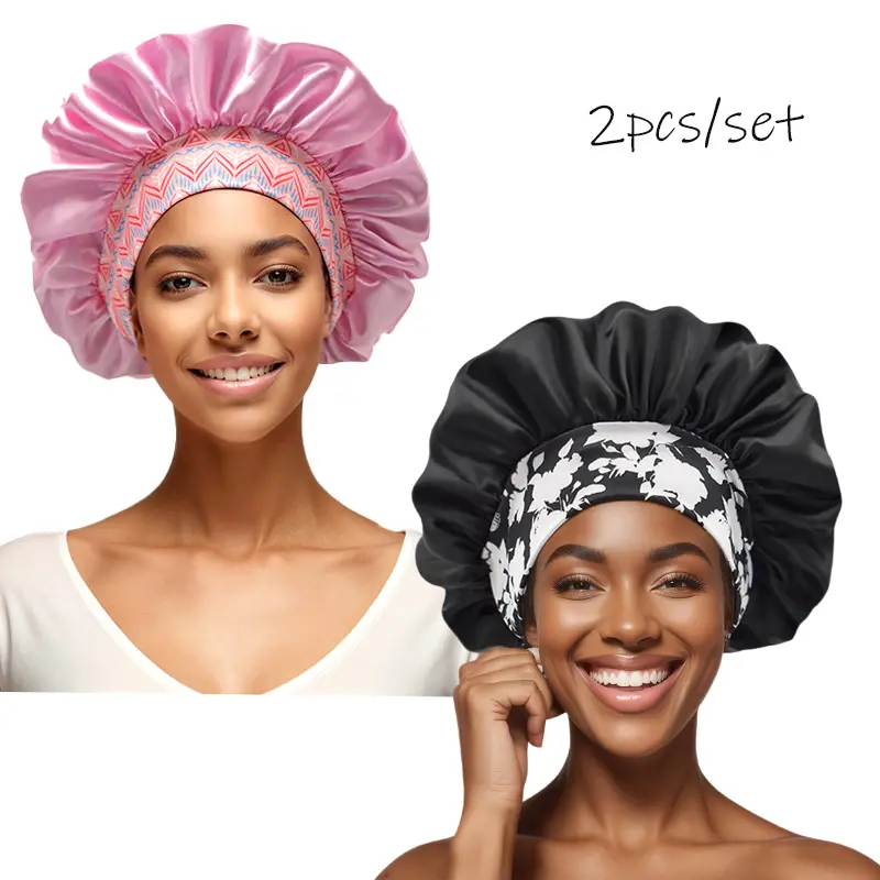 2 Pcs Satin Bonnet Set for Natural Hair, Wide Band Silk Sleep Cap for Women, Edge Protection No-Slip Hair Care