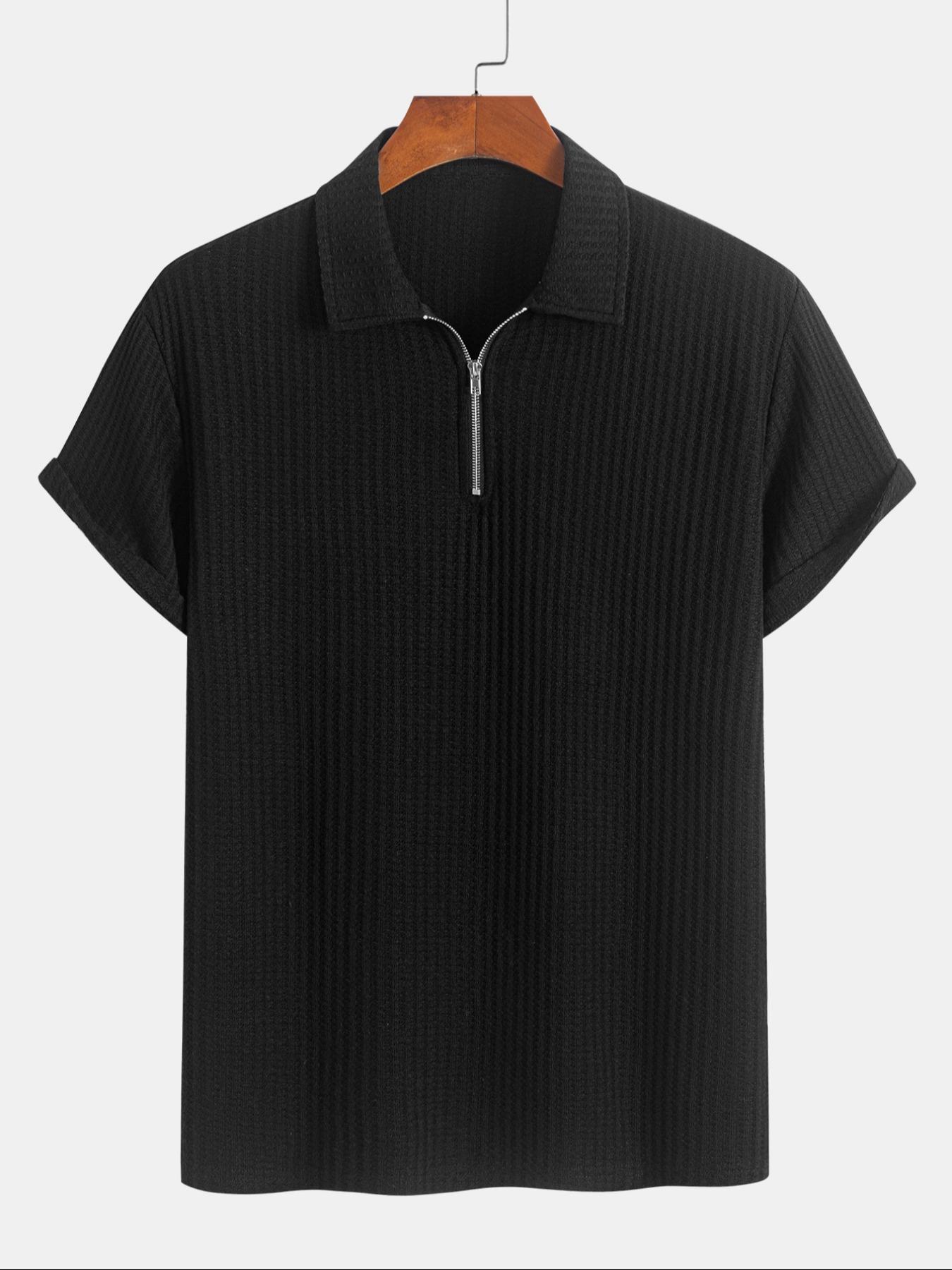 Men's Solid Ribbed Short Sleeve Knitted Polo Shirt, Solid Zipper Polo, Regular Fit Casual Breathable Comfy Top for Summer, Men's Clothes for Daily Wear
