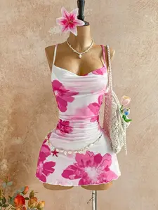 Floral Print Ruched Neck Halter Mini Dress, Sleeveless, Casual Style for Women, Perfect for Vacation, Beach Activities, Summer Wear, Sun Dress