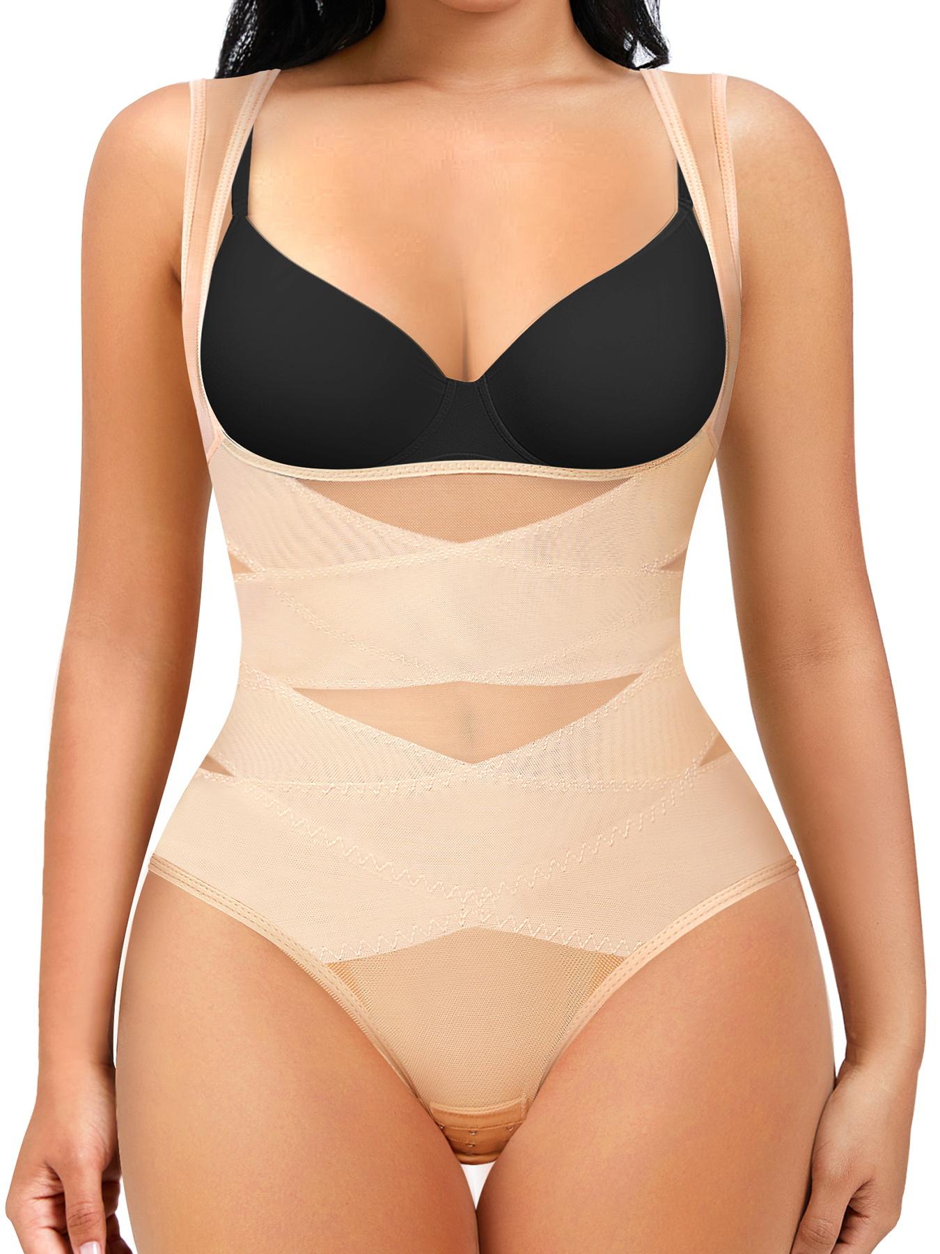 Women's Solid Color Hook-Eye Crotch Design Shapewear Bodysuit, Tummy Control High Stretch Shaper, Women's Shapewear for Daily Wear, Body Sculpting Compression