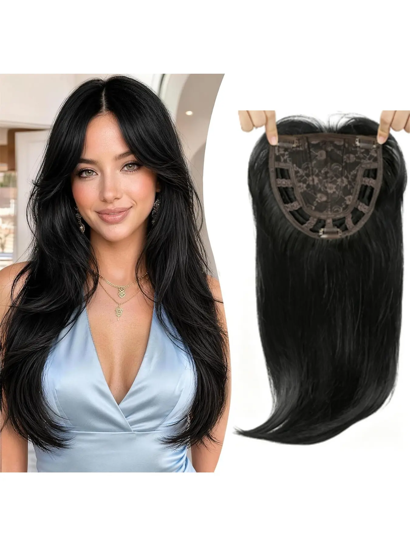 Synthetic Hair Patch, Bow-Shaped Bangs Center Part Long Straight Hair, Scalp Coverage, Conceals Hair, Versatile Use, Synthetic Hair Extensions
